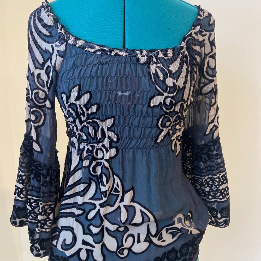 Hale Bob Black & Grey Sheer Flowy Peasant Top with Velvet Detailing